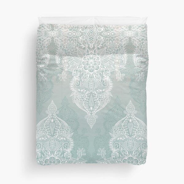 Lace & Shadows - soft sage grey & white Moroccan doodle Duvet Cover