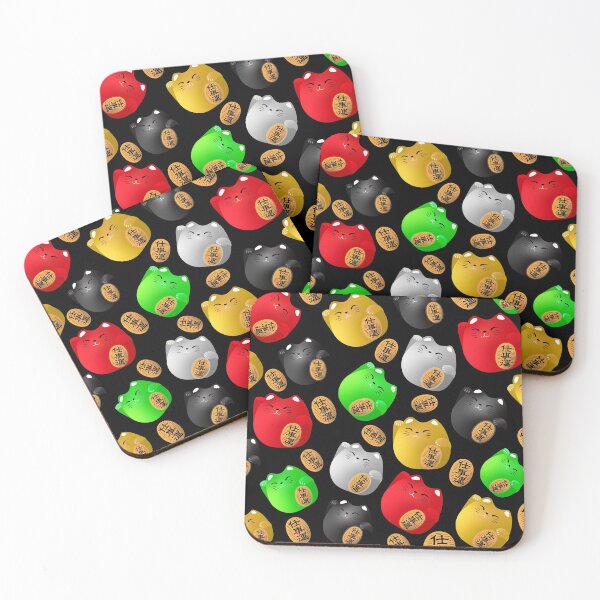 Item preview, Fun Colorful Maneki-neko cats pattern on black designed and sold by k9printart.