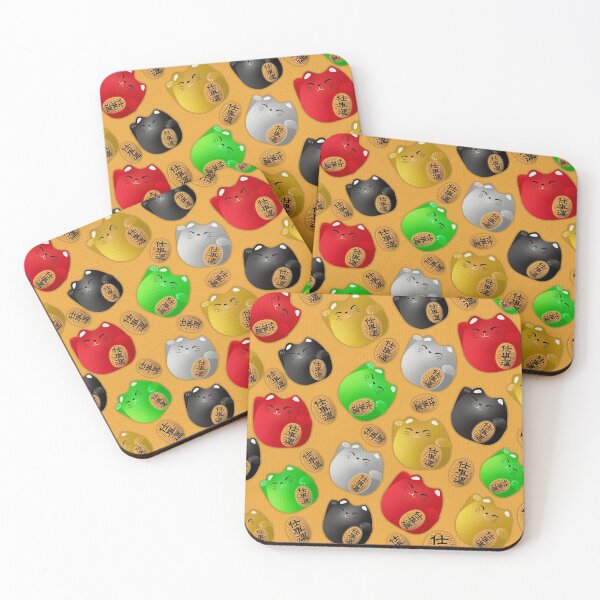 Item preview, Fun Colorful Maneki-neko cats pattern on yellow designed and sold by k9printart.
