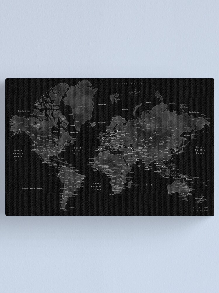 Black World Map Canvas Very Black World Map With Cities" Canvas Print By Blursbyai | Redbubble