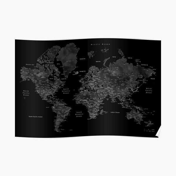 Very black world map with cities Poster