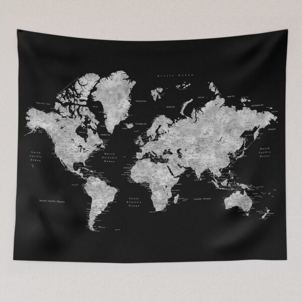 Item preview, Black and grey watercolor world map with cities designed and sold by blursbyai.