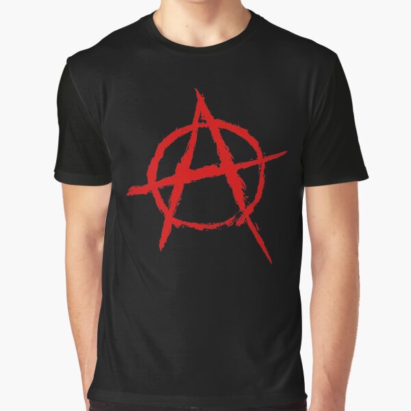 Vista previa del artículo con la obra «Símbolo de la anarquía en rojo», diseñado y vendido por Death Rock Tee.