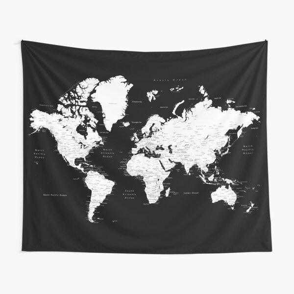 Black and white world map with cities Tapestry