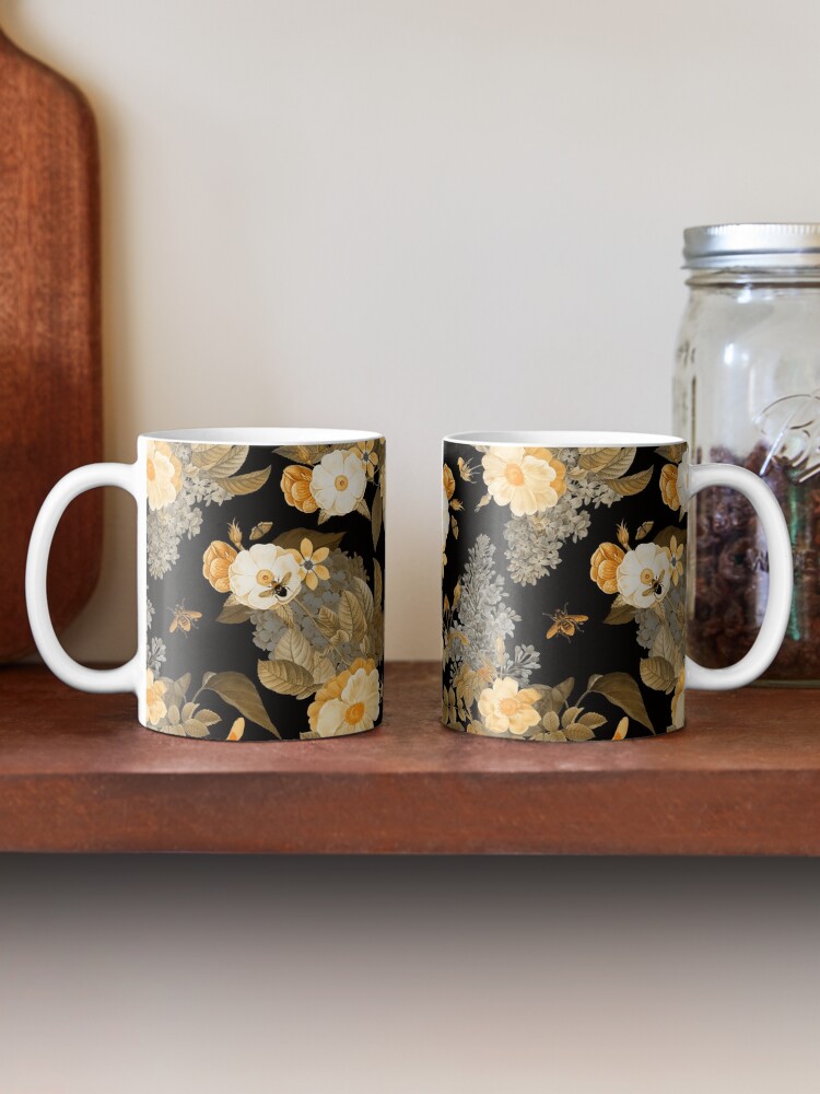 UtART - Vintage Roses Spring Flower And Early Insects Botanical Garden  Pattern - Sepia Black And Gold Botanical Night Garden | Coffee Mug