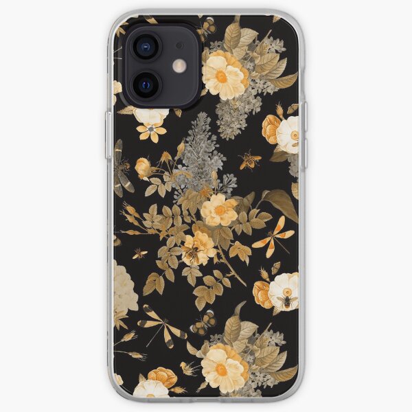 UtART - Vintage Roses Spring Flower And Early Insects Pattern - Sepia Black And Gold iPhone Soft Case