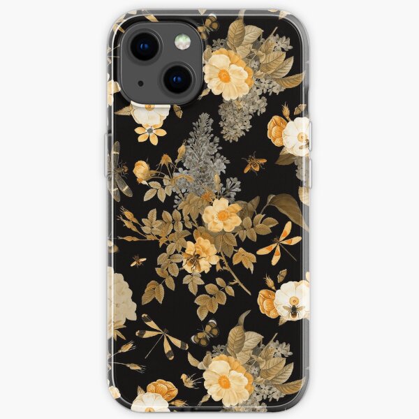 UtART - Vintage Roses Spring Flower And Early Insects Pattern - Sepia Black And Gold iPhone Soft Case