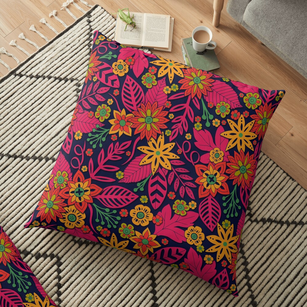 Vibrant Magenta, Orange, Yellow & Green Floral Pattern Floor Pillow
