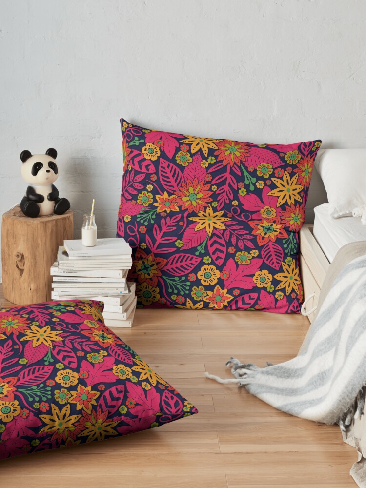 Alternate view of Vibrant Magenta, Orange, Yellow & Green Floral Pattern Floor Pillow
