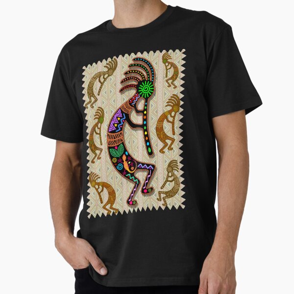 Kokopelli Rainbow Colors on Tribal Pattern Premium T-Shirt