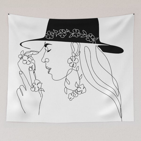 Item preview, line art flower women in hat. abstract face female designed and sold by OneLinePrint.