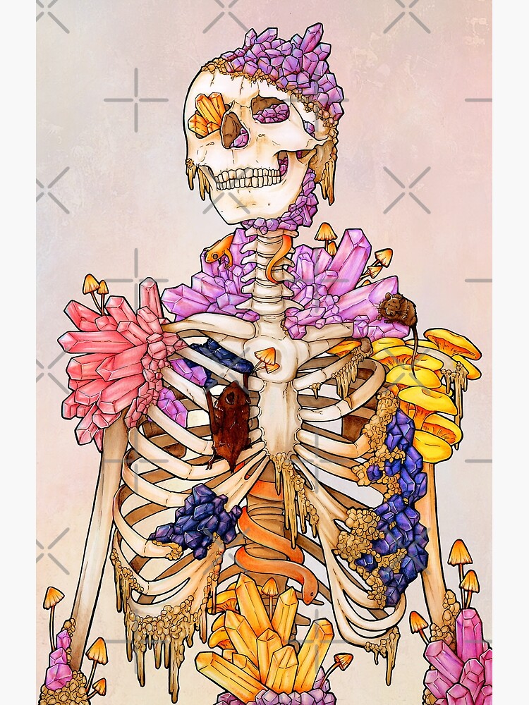 Crystal death. Золотой скелет арт. Рисунок скелета с пончиком в руке.