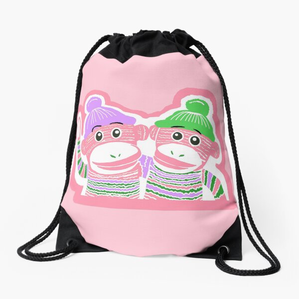 Pink, Purple, and Green Sock Monkeys Drawstring Bag