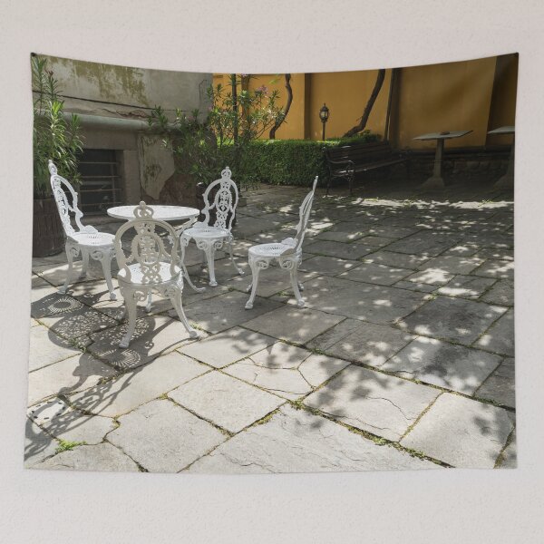 Item preview, Sun Dappled Invitation - Ubercharming Courtyard with Elegant Cast Iron Furniture designed and sold by Georgia Mizuleva.