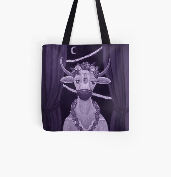 Vintage Cow Bride with Aquamarine Gemstone Indian Headpiece All Over Print Tote Bag