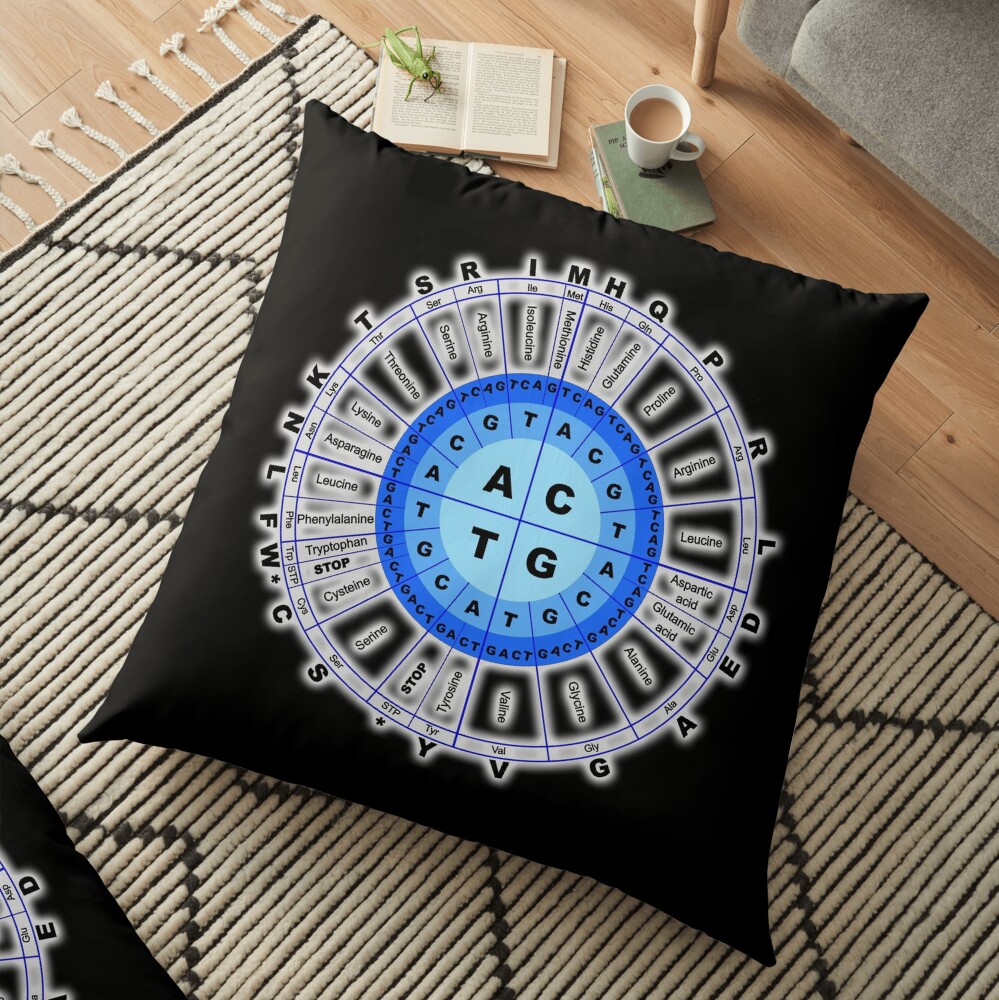 DNA. Genetic Code, Circle, Gene, Codon, Amino Acid. On Black. Floor Pillow
