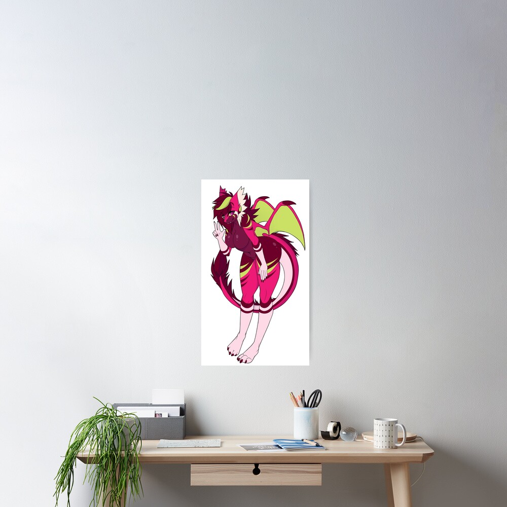 Pink Brown And Green Naked Winged Anthro Furry Dragon Poster By