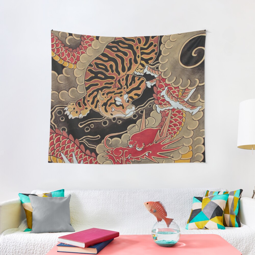 Discover Traditional Japanese Irezumi Tiger And Dragon Tapestry