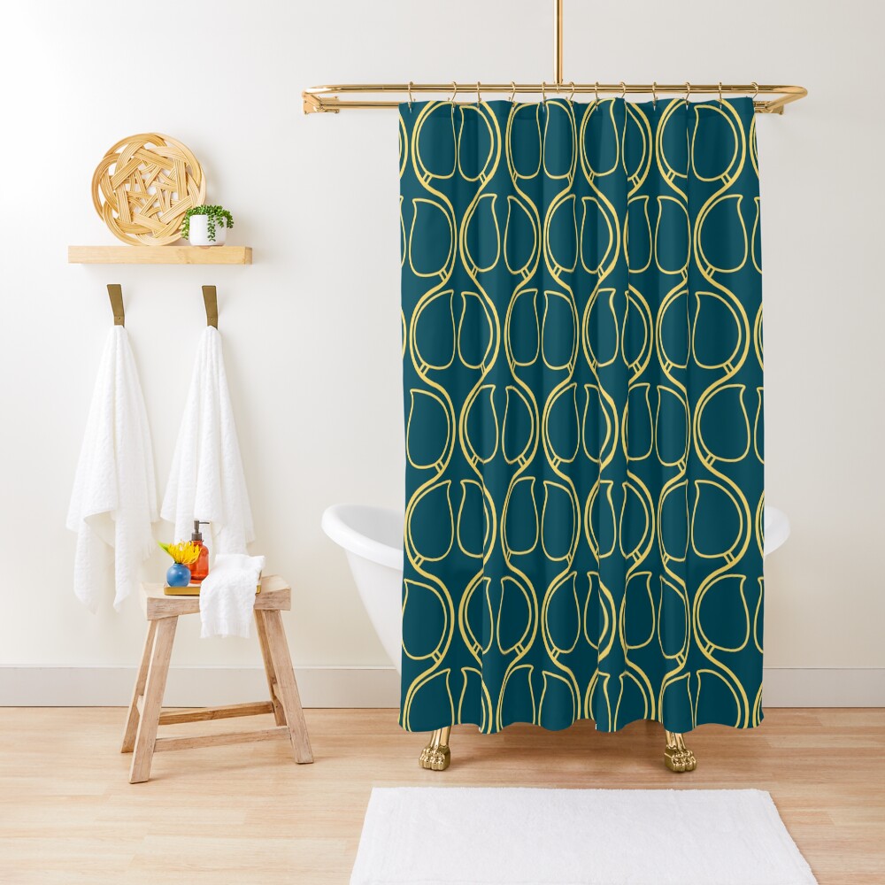 "Navy Blue and Yellow Victorian Tiles" Shower Curtain by shadowbright