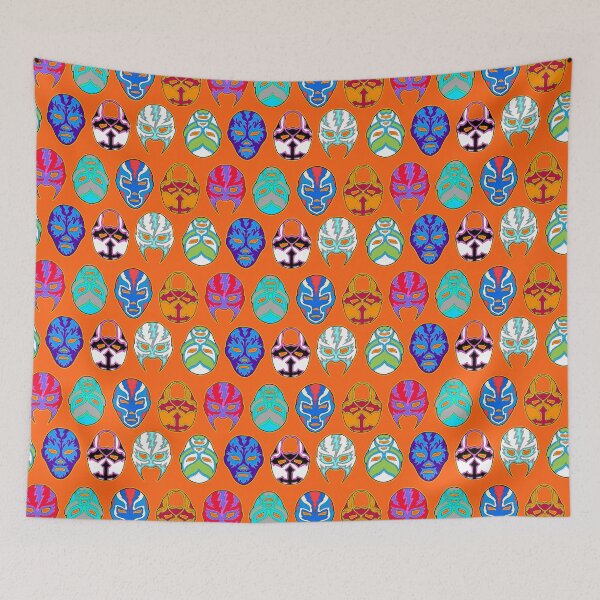 Item preview, luchador masks on orange designed and sold by Salt & Keep.