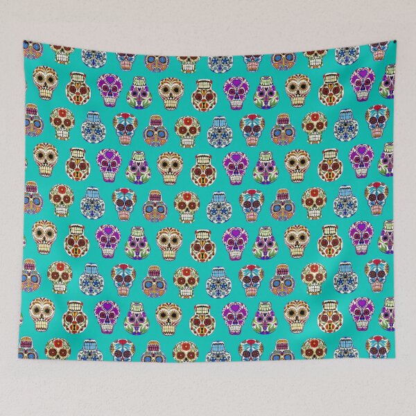 Item preview, Sugar Skulls on aqua blue designed and sold by Salt & Keep.