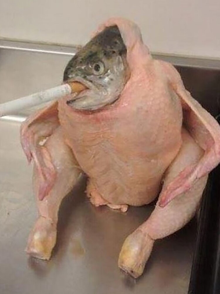 fish inside a chicken smoking a cigarette Fish Chicken Smoking Merch & Gifts for Sale