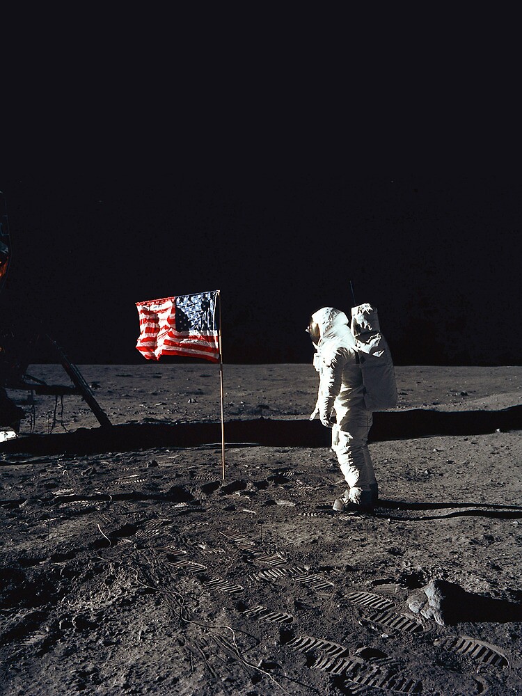 Discover Buzz Aldrin on the Moon with Flag Premium Matte Vertical Poster