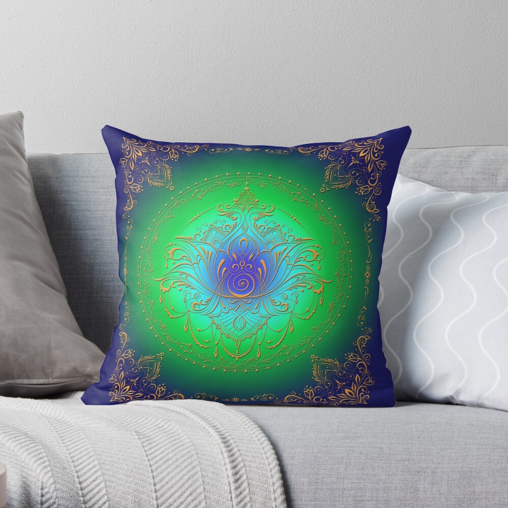 Lotus Goddess in Blue/Green Throw Pillow