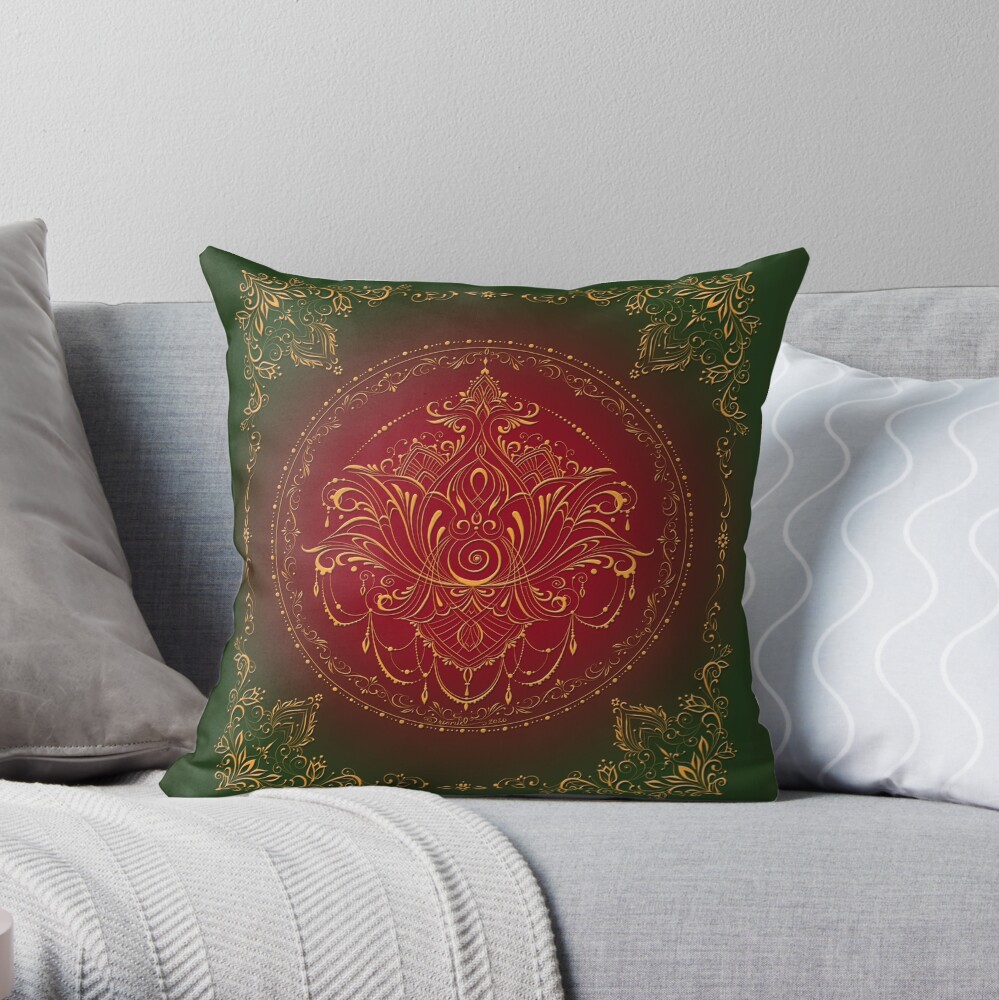 Lotus Goddess in Deep Red and Green Throw Pillow
