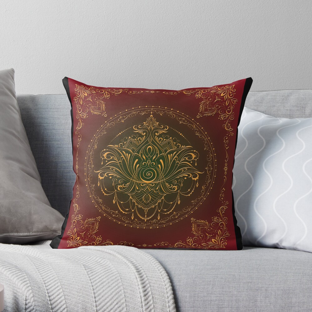 Lotus Goddess in Deep Red and Green Throw Pillow