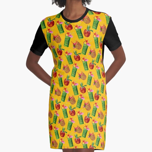 Tiki Cocktail Pattern - Yellow Graphic T-Shirt Dress