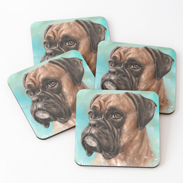 Item preview, Painting of a Brown Coated Boxer Dog Looking Serious on Light Turquoise Background designed and sold by ibadishi.