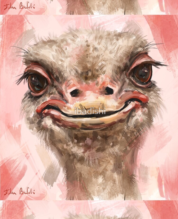 Coque Et Skin Adhesive Ipad Gros Plan Peinture D Une Drole D Autruche Souriante Sur Fond De Saumon Rose Contemporain Par Ibadishi Redbubble