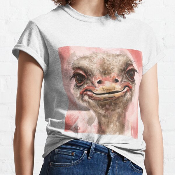 Close up Painting of a Funny Looking Smiling Ostrich on Contemporary Pink Salmon Background Classic T-Shirt