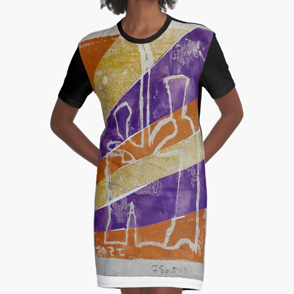 Striped Orange Purple Plant Graphic T-Shirt Dress
