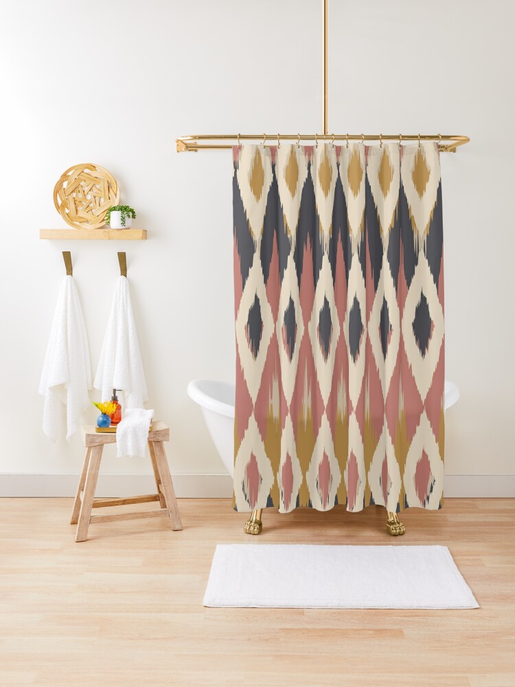 Thumbnail 1 of 5, Shower Curtain, Boho Ikat Pattern, Pink, Mustard Yellow, Charcoal Gray designed and sold by meggydesigns.