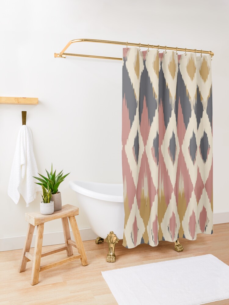 Thumbnail 3 of 5, Shower Curtain, Boho Ikat Pattern, Pink, Mustard Yellow, Charcoal Gray designed and sold by meggydesigns.