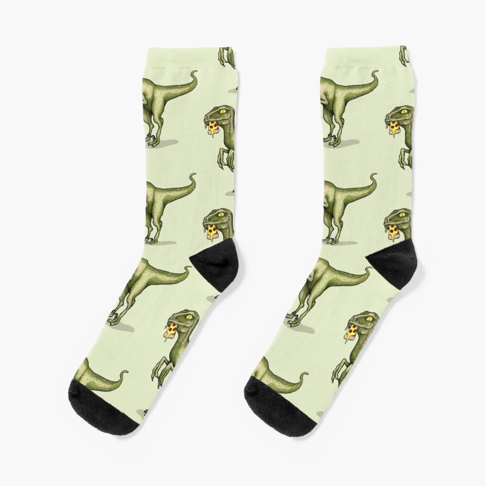 Raptor dinosaur eating pizza slice Socks