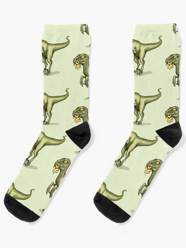 Thumbnail 1 of 5, Socks, Raptor dinosaur eating pizza slice designed and sold by agrapedesign.