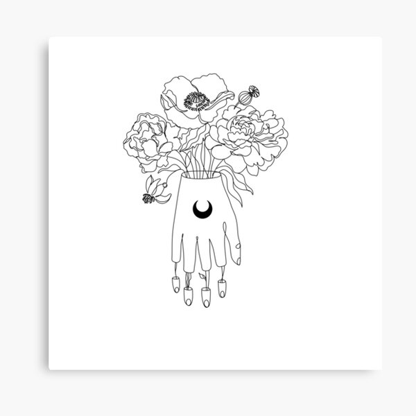 Hands With Flowers Art Boho Style Line Drawing Hand Black White Line Drawing Tattoo Mooon Canvas Print By Onelineprint Redbubble