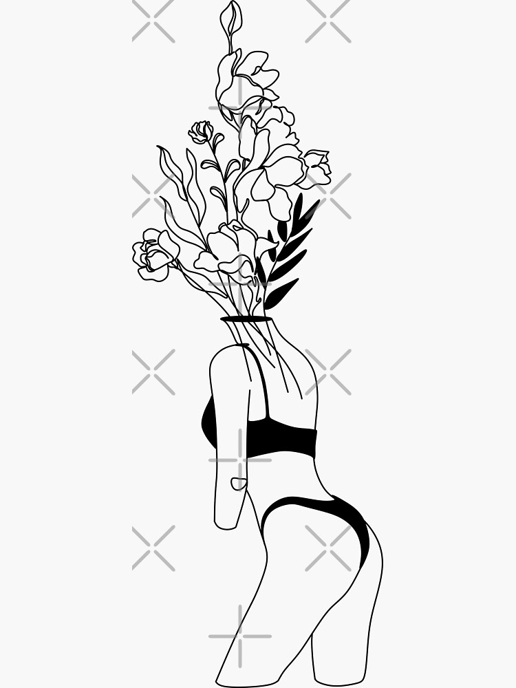 "Line Art Print female nudity. Woman With flower. Woman