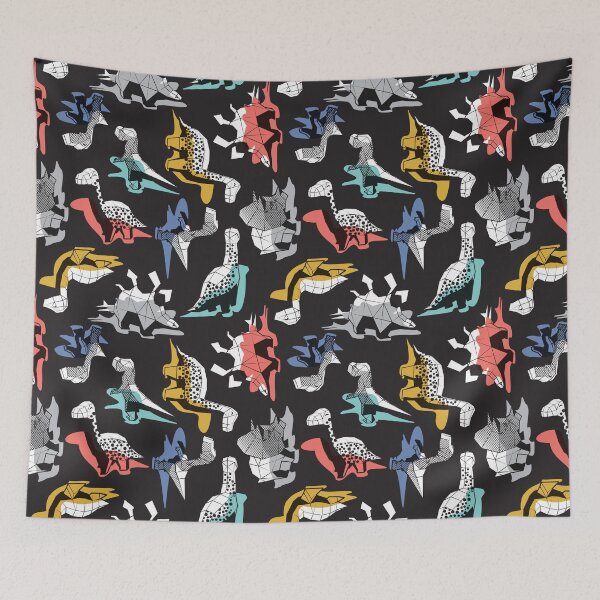 Item preview, Geometric Dinos // non directional design black background multicoloured dinosaurs shadows designed and sold by SelmaCardoso.