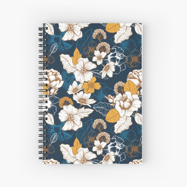 Navy and Gold Peony and Blossom Seamless Pattern Spiral Notebook