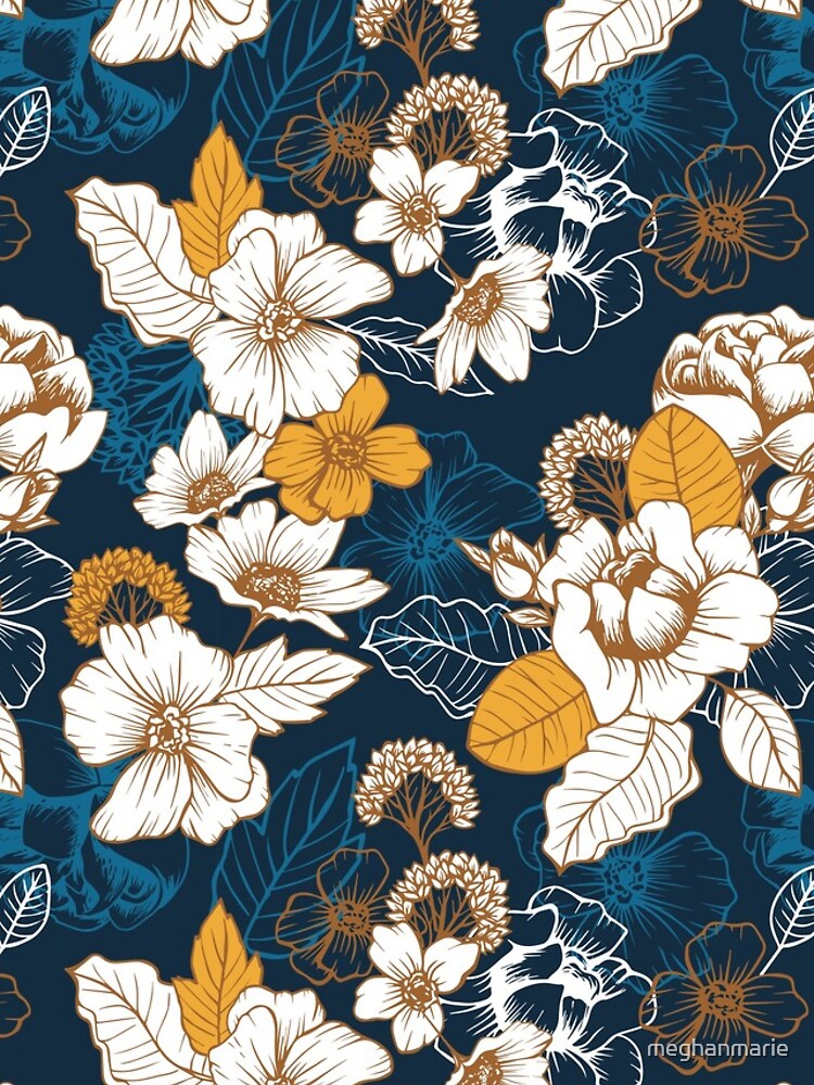 Navy and Gold Peony and Blossom Seamless Pattern by meghanmarie