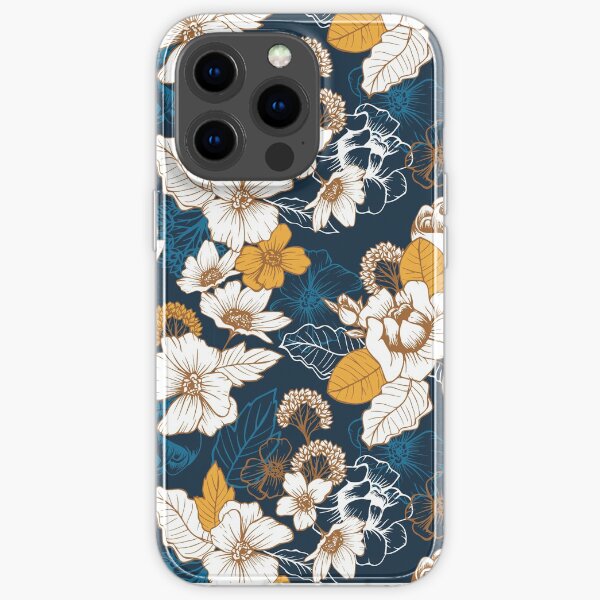 Navy and Gold Peony and Blossom Seamless Pattern iPhone Soft Case