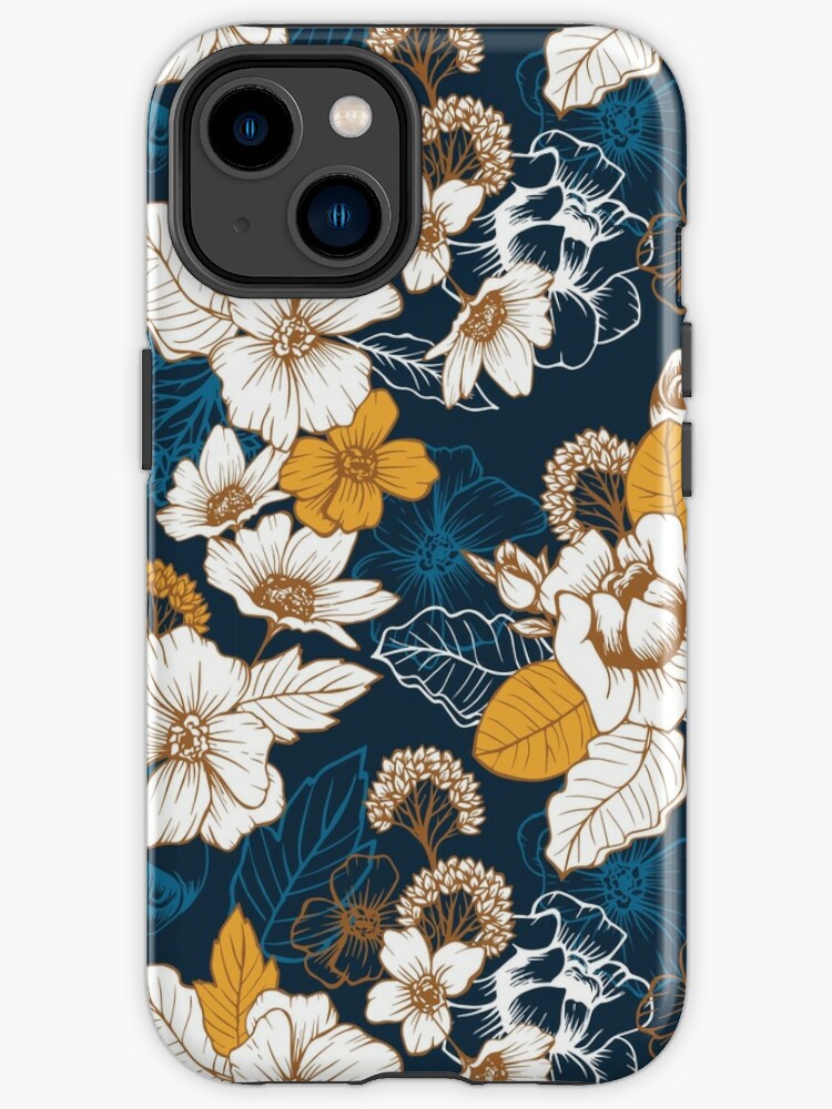 iPhone Case, Navy and Gold Peony and Blossom Seamless Pattern designed and sold by meghanmarie
