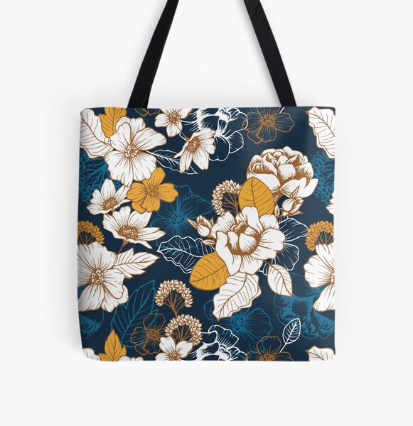 Navy and Gold Peony and Blossom Seamless Pattern All Over Print Tote Bag
