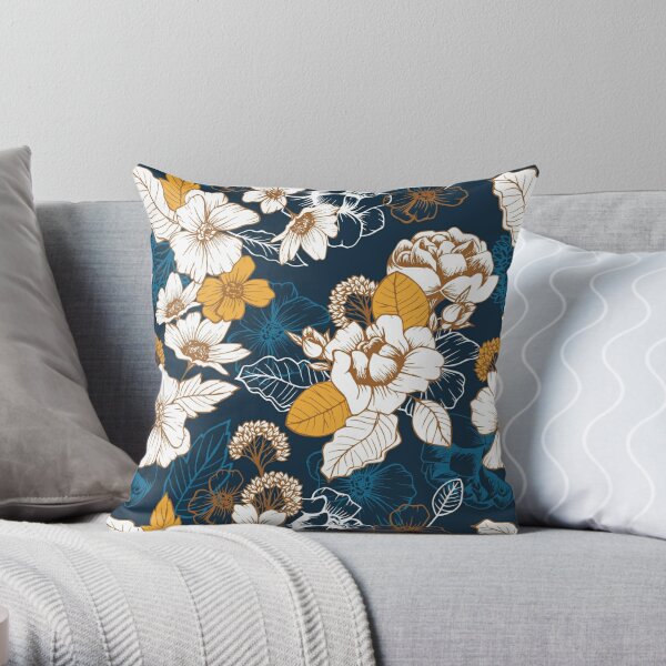Navy and Gold Peony and Blossom Seamless Pattern Throw Pillow