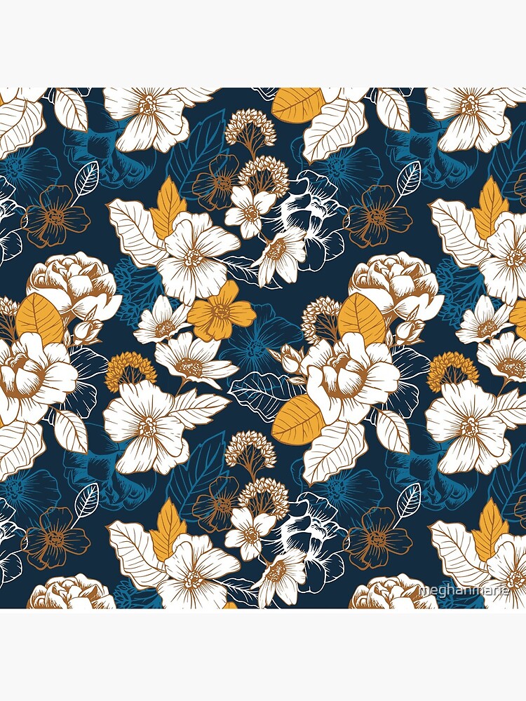 Navy and Gold Peony and Blossom Seamless Pattern by meghanmarie