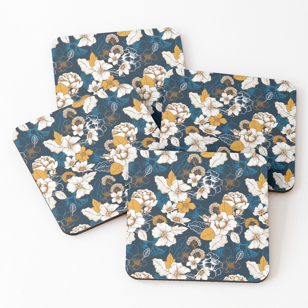 Navy and Gold Peony and Blossom Seamless Pattern Coasters (Set of 4)